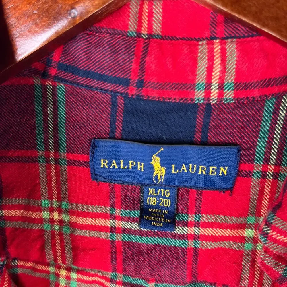 Ralph Lauren Shirt Youth XL Red Blue Tartan Plaid Pony Long Sleeve